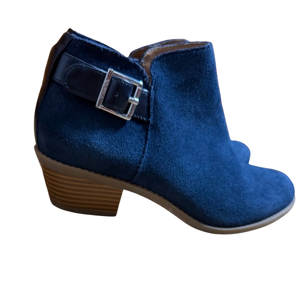 Vionic Blue Suede Ankle Booties Size 6 Buckle Side Zip Block Heel Comfort